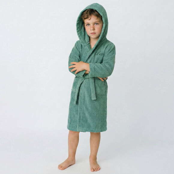 Gepersonaliseerde badjas met capuchon voor kinderen - lusjesbadstof 340 g/m&sup2; (eucalyptus)