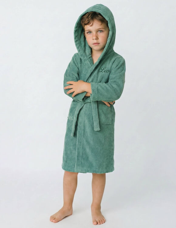 Gepersonaliseerde badjas met capuchon voor kinderen - lusjesbadstof 340 g/m&sup2; (eucalyptus)