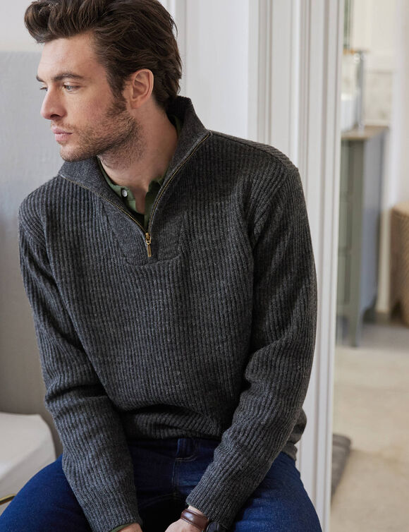 Pull col camionneur côte anglaise 30% laine (gris anthracite)