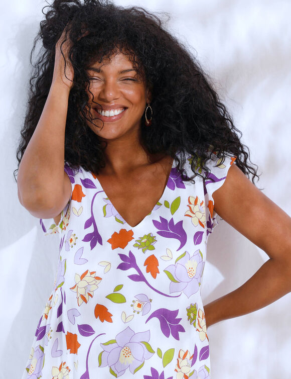 Robe courte évasée, crépon imprimé floral (écru / multicolore)