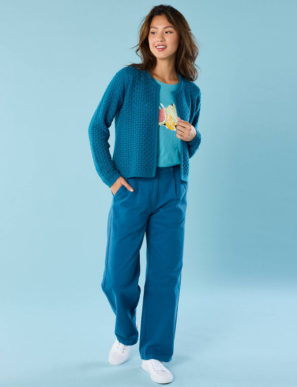 Gilet paletot maille fantaisie,  Spécial Petites (bleu canard)