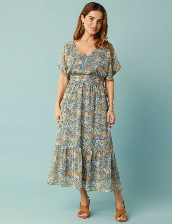 Robe longue Spécial Petites col V voile imprimé (bleu denim / multicolore)