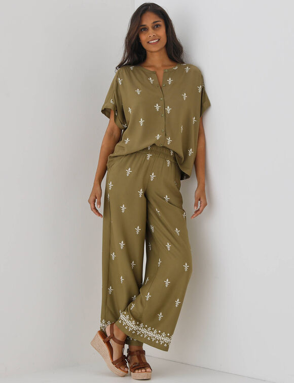 Pantalon large imprim&eacute;, taille &eacute;lastiqu&eacute;e (kaki)