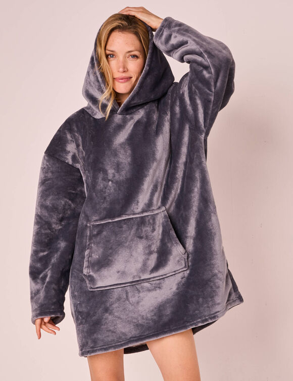 Hoodie-plaid in fleece met kap en sherpavoering (grijs)