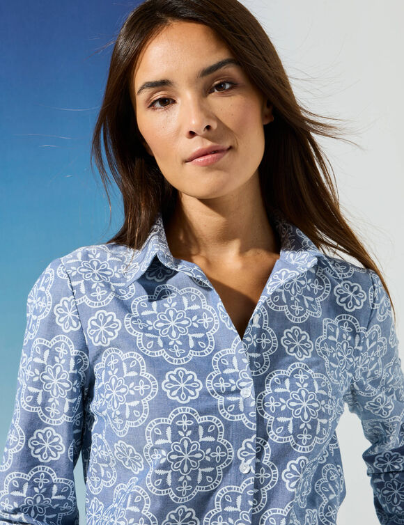 Bedrukte bloes in chambray (blauw)