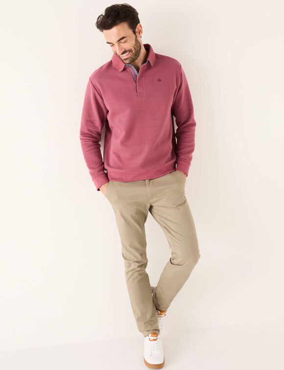 Warm sweatshirt met polo-kraag, geborduurd borduurpatroon op de borst en geribd tricot (DONKERROZE)
