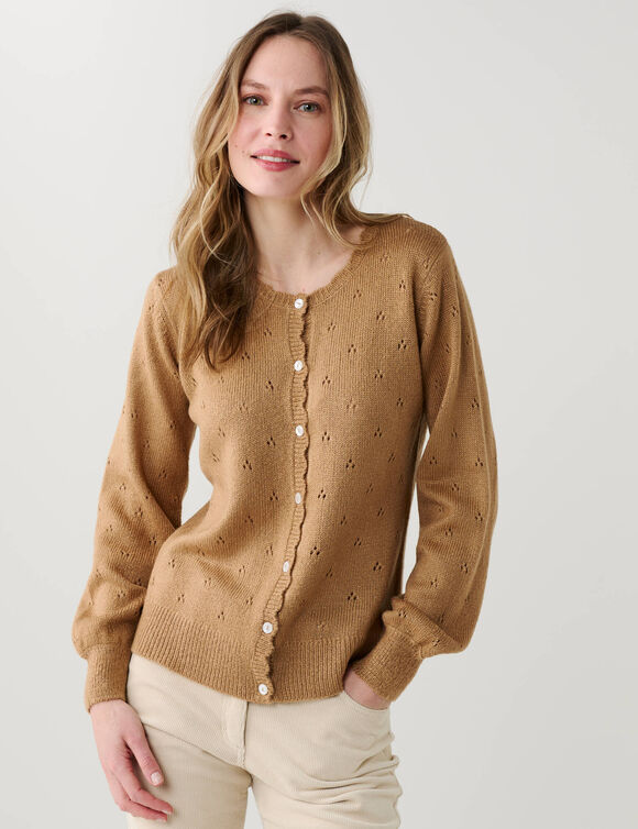 Gilet boutonn&eacute; finition &eacute;cailles, maille pointelle toucher doux (taupe)