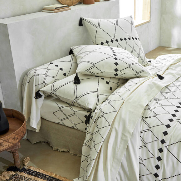 Linge de lit Massaï coton à motifs graphiques et finitions pompons (écru)