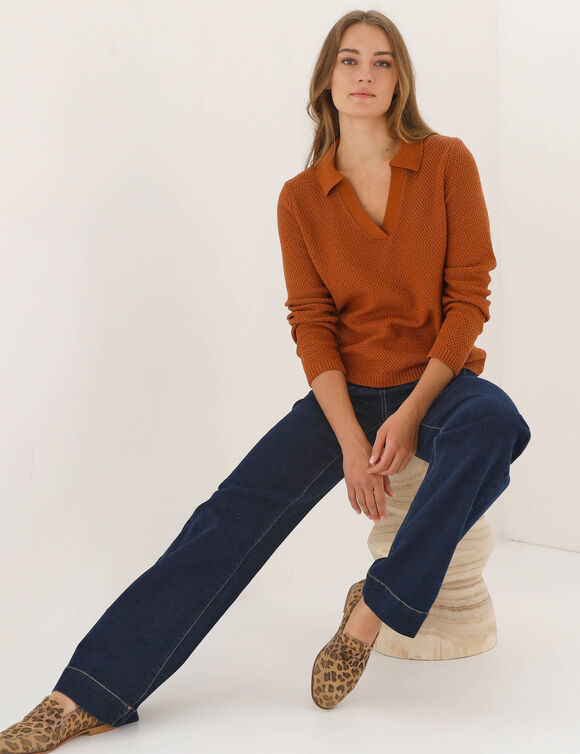 Pull col polo, maille fantaisie  (caramel)