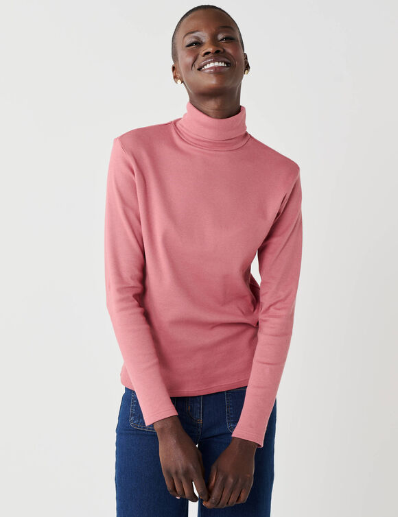 Sous-pull col roul&eacute; en maille c&ocirc;tel&eacute;e, uni (rose)