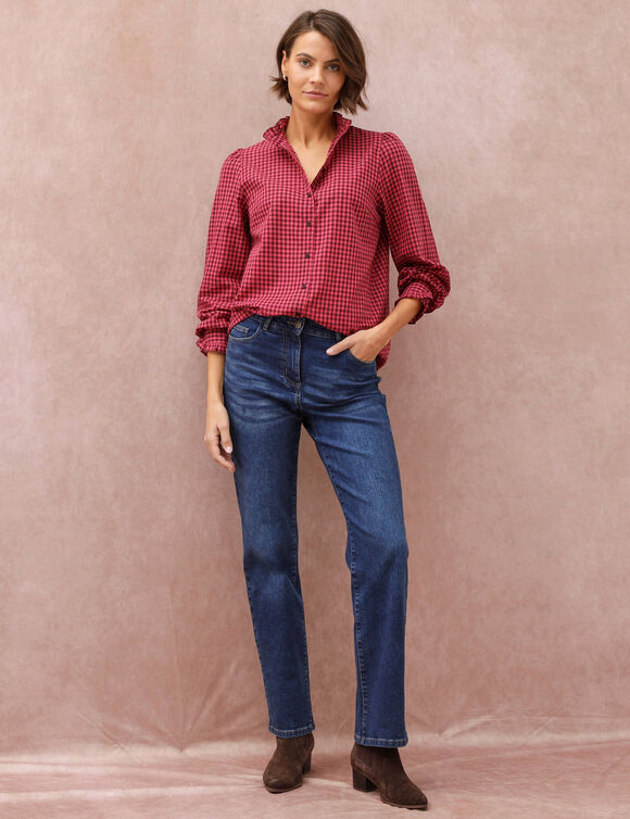 Chemise col officier volant&eacute;, manches longues, carreaux vichy (bordeaux / rose)