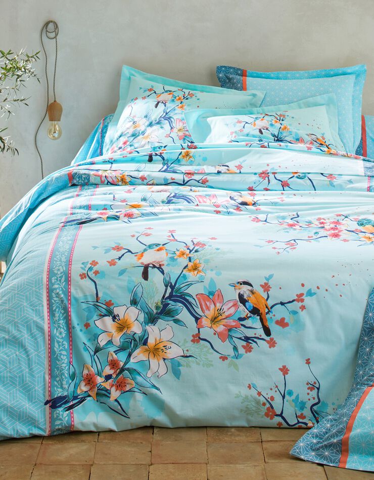 Linge de lit Birdy en coton imprimé oiseaux (lagon)