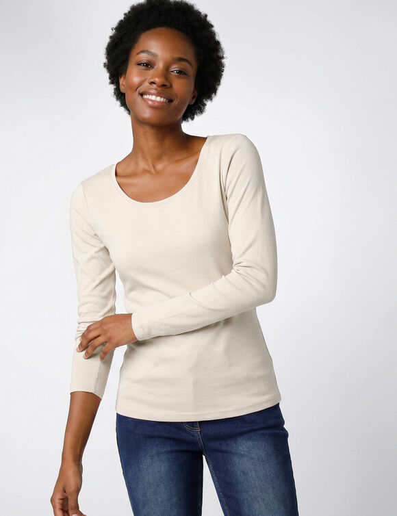 T-shirt uni manches longues en coton biologique(**) (beige)