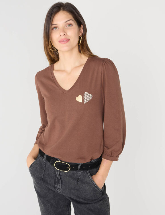 T-shirt col V, imprimé cœurs (chocolat)