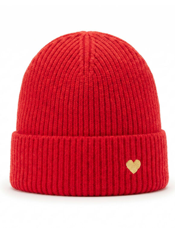 Bonnet en maille, d&eacute;tail coeur brod&eacute; brillant (rouge)