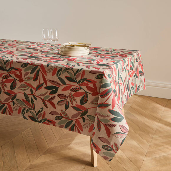Bedrukt tafellaken met herfstprint en waterafstotende coating (groen / terracotta)