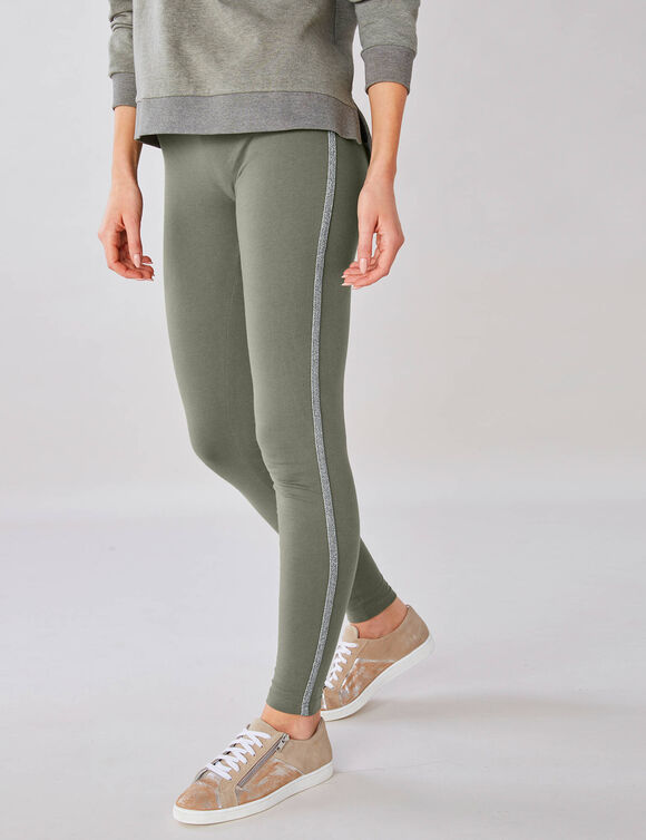 Effen legging met glanzende stroken aan de zijkant, gebreid (kaki)