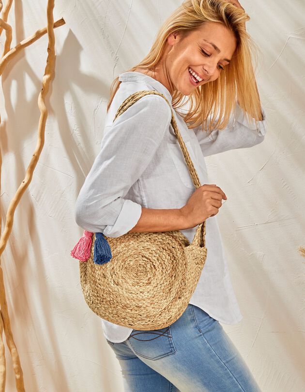 Ronde tas in jute, afgewerkt met pompons, Indian Summer (naturel)