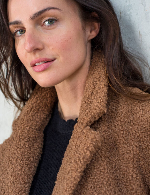 Manteau maille bouclette col tailleur (caramel)