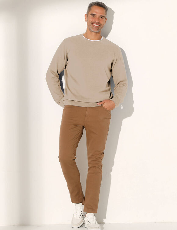 Pull pur coton col rond (taupe chin&eacute;)