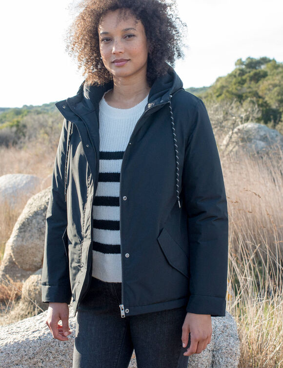 Parka imperméable zippée, à capuche (noir)