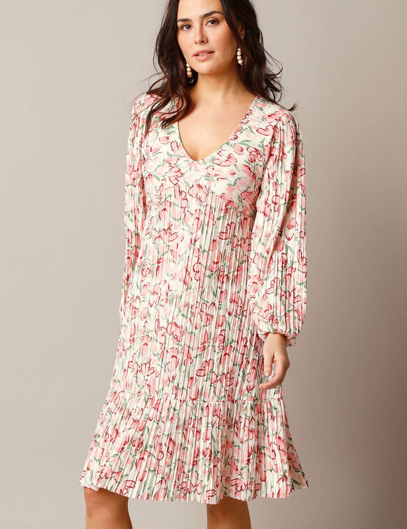 Robe courte imprimée, maille plissée (écru / rose)