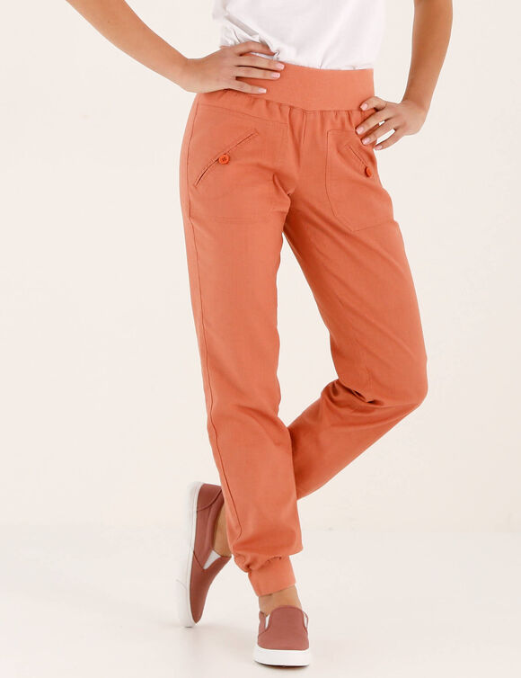Pantalon blousant taille &eacute;lastiqu&eacute;e, lin coton (corail)