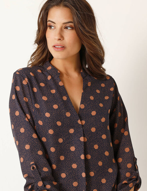 Blouse col tunisien imprimé pois, crêpe (marine / noisette)