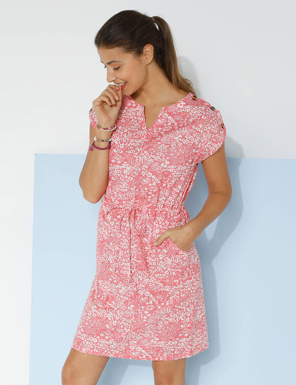 Robe imprimée boutonnée épaules (bois de rose / écru)