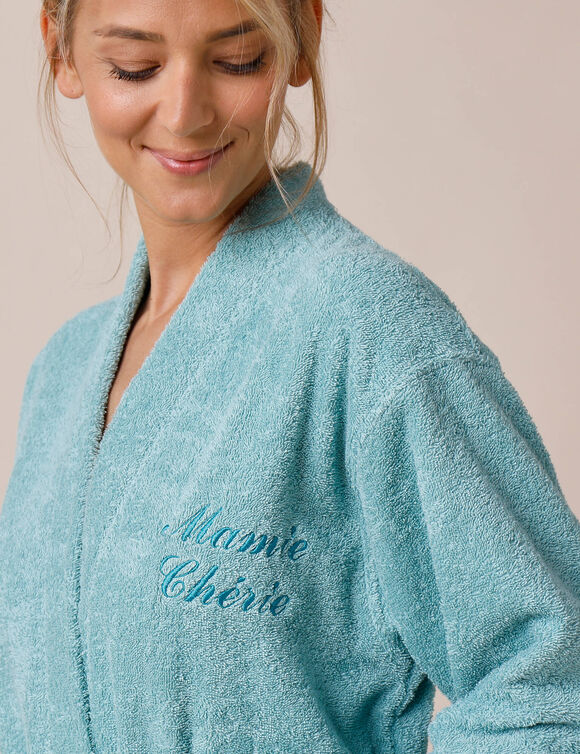 Effen badjas voor volwassenen met kimono-kraag, gepersonaliseerd &ndash; lusjesbadstof 380 g/m&sup2; (watergroen)