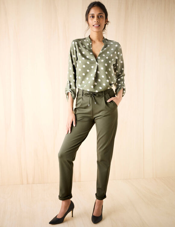 Blouse col tunisien imprimé pois, crêpe (kaki / blanc)