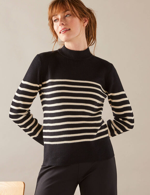 Pull rayé col montant, maille côtelée (noir / écru)