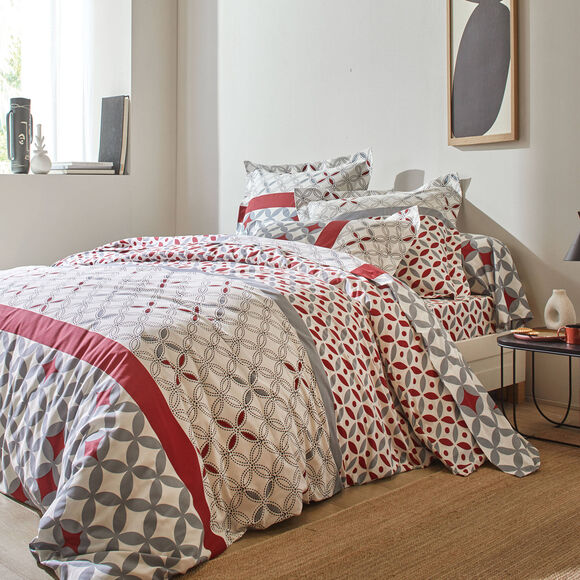 Linge de lit Marlow imprim&eacute; g&eacute;om&eacute;trique - coton 57 fils/cm&sup2; (gris / rouge)