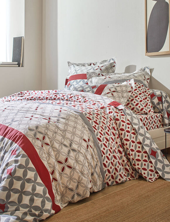 Linge de lit Marlow imprim&eacute; g&eacute;om&eacute;trique - coton 57 fils/cm&sup2; (gris / rouge)