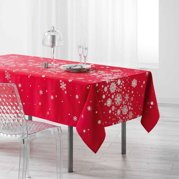  Tafellaken met zilverkleurige sneeuwvlokjesprint (rood / zilverkleurig)