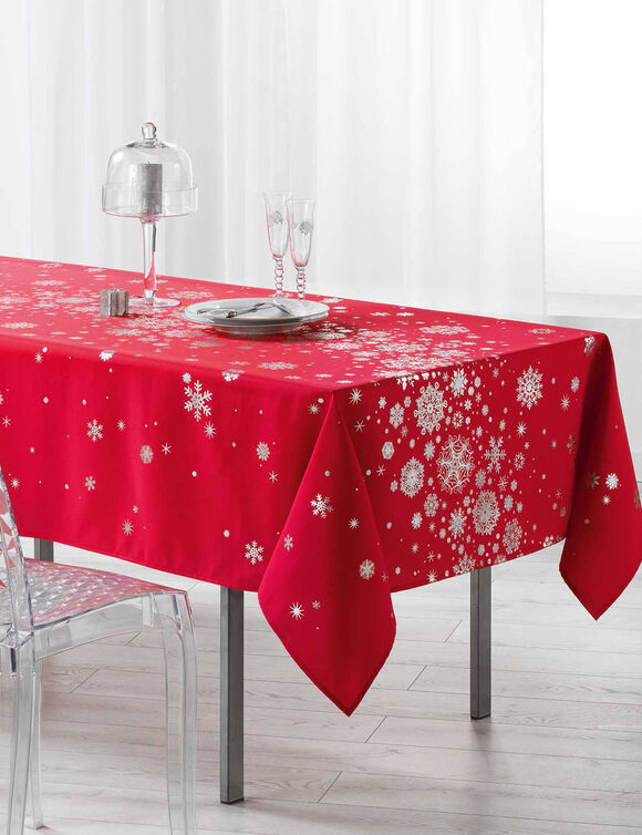  Tafellaken met zilverkleurige sneeuwvlokjesprint (rood / zilverkleurig)