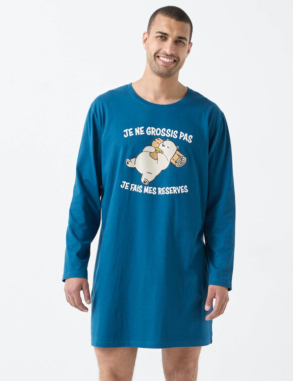 Maxi-pyjama-T-shirt bedrukt met de tekst &bdquo;Ik word niet dik&ldquo; (petroleumblauw)