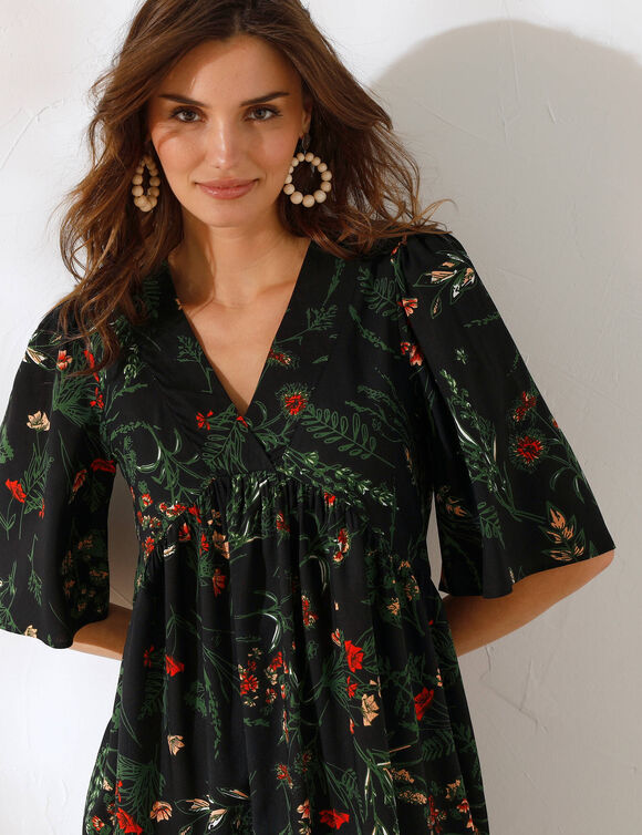 Robe courte col V, imprimé fleuri (noir)
