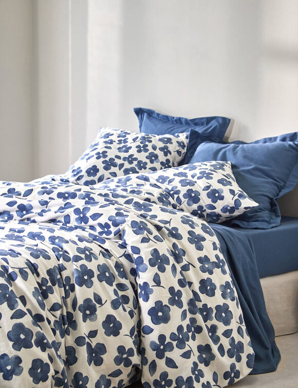 Petunia-beddengoed van bedrukte flanellen stof (blauw)