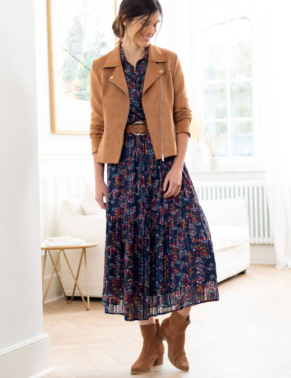 Blouson zippé col tailleur pressionné, suédine (caramel)