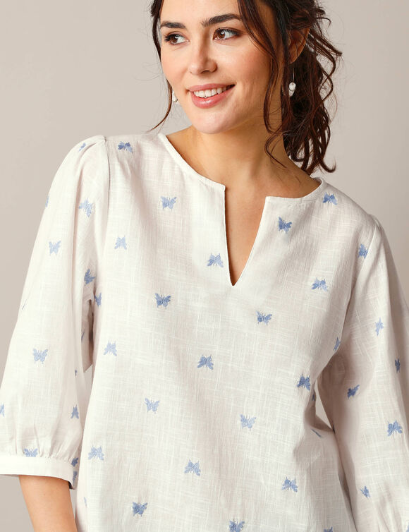 Bloes met 3/4-mouwen, vlinderborduursel (wit)