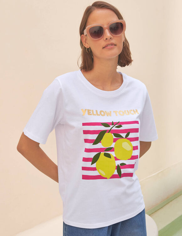 T-shirt imprim&eacute;, volume loose (wit / roze)