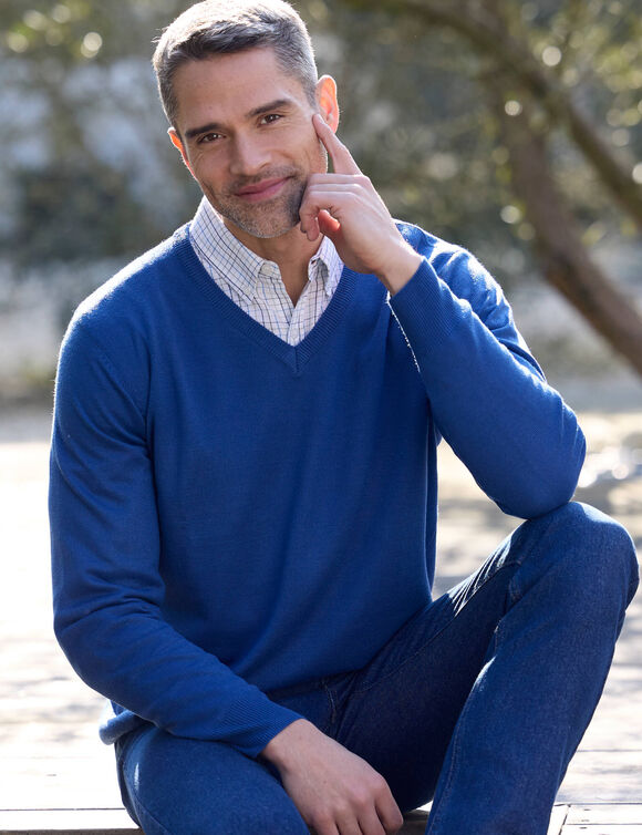 Effen trui met V-hals (blauw)