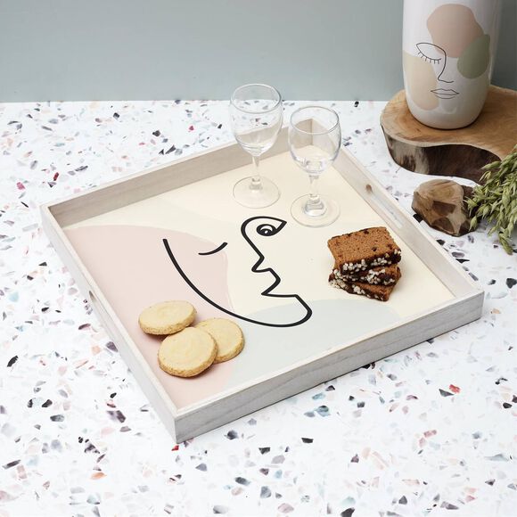 Plateau carré en bois, motif visage (multicolore)