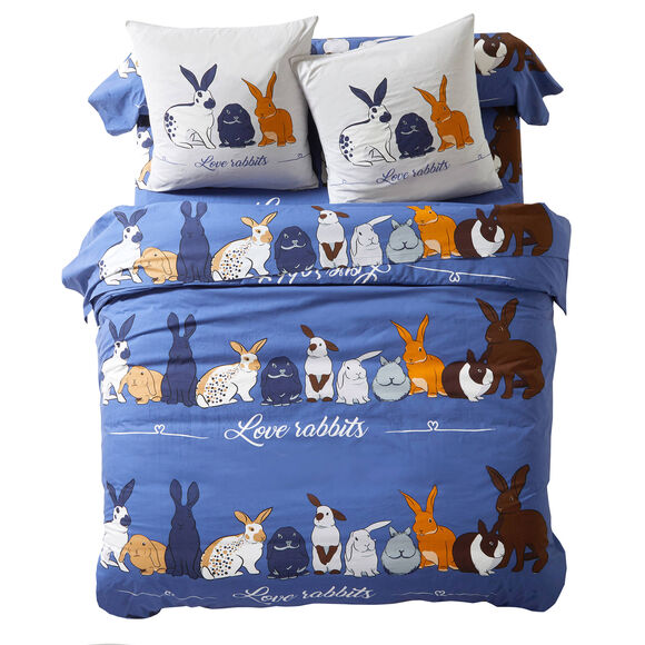 Linge de lit Rabbit en coton imprimé lapins (bleu)