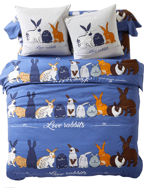 Bedlinnen Rabbit, in katoen met konijnprint   (blauw)