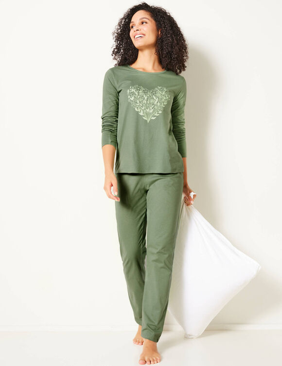 Pyjama manches longues imprimé cœur (kaki)