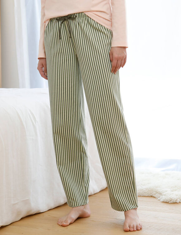 Pyjamabroek van katoen met strepen die bedrukt zijn (kaki / ecru)