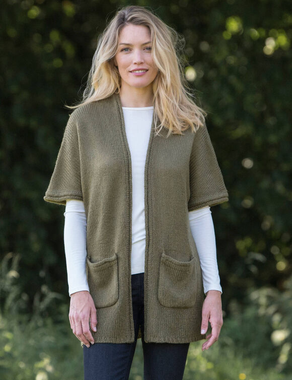 Gilet long ouvert manches courtes toucher doux  (vert olive)