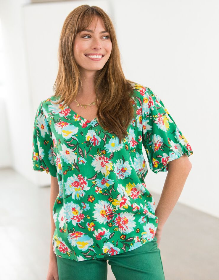 Blouse imprimée fleurs manches courtes "ballon" (vert)